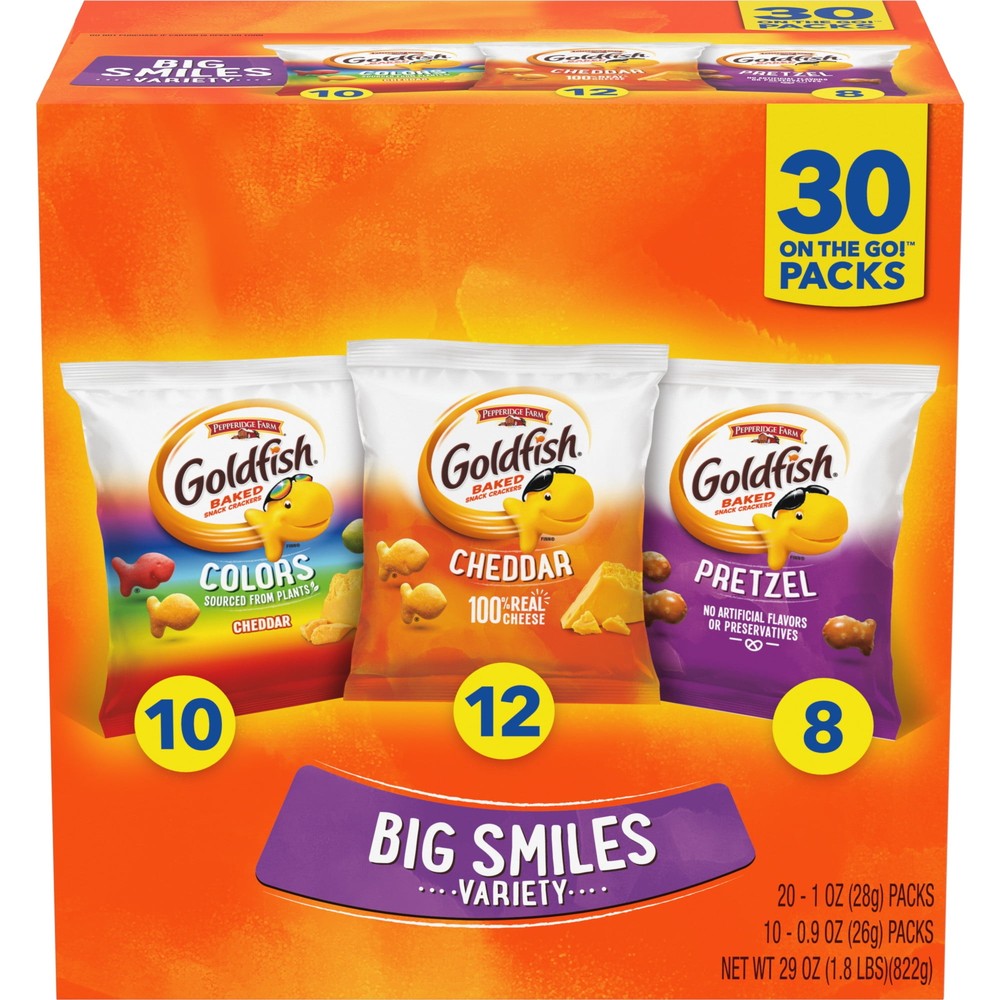 Goldfish Crackers Big Smiles with Cheddar, Colors,Pretzel Crackers,30 CT