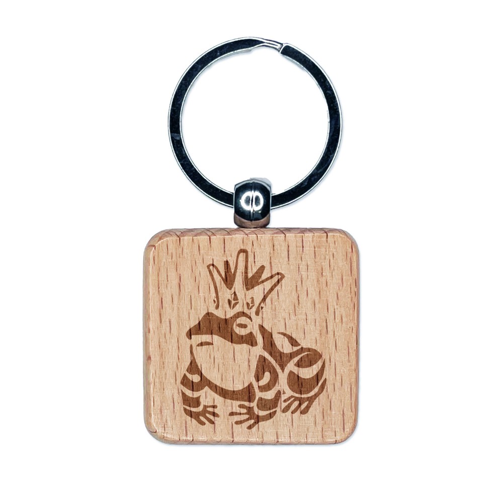 Frog Prince with Crown Engraved Wood Square Keychain Tag Charm