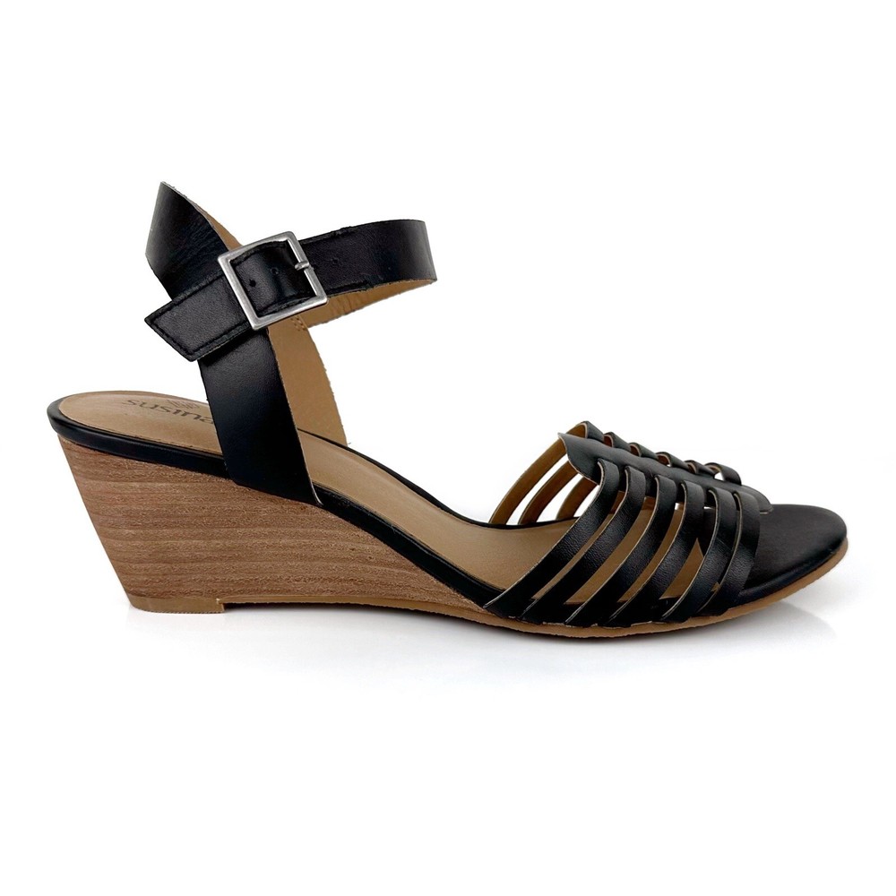 Susina Womens Terra Leather Wedge Sandals Black Size 9.5 Stylish Comfort
