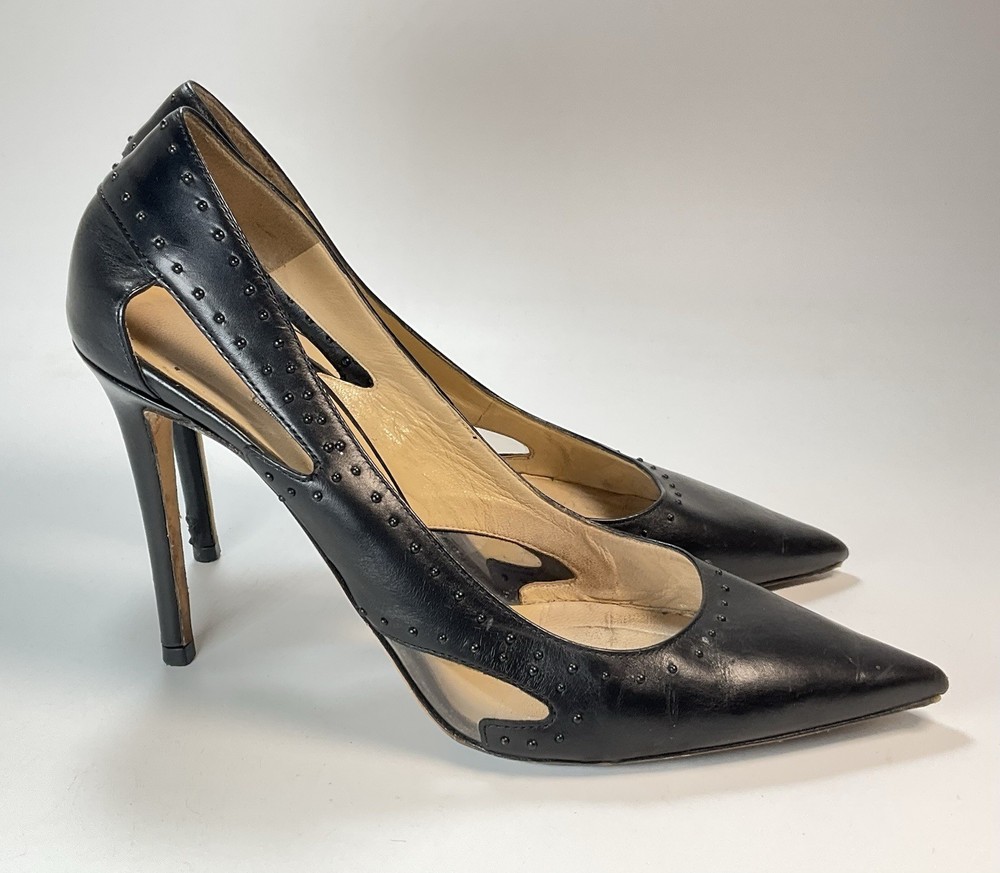 Jimmy Choo Black Leather Vienna Studded Pointed Toe Pumps Cut Out Heels Size 37