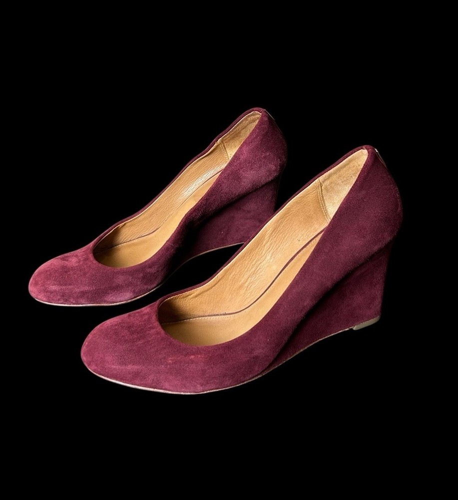 Coach Rileigh Suede Wedge Pumps in Plum Purple - Women's Size 9.5B Round Toe Heels