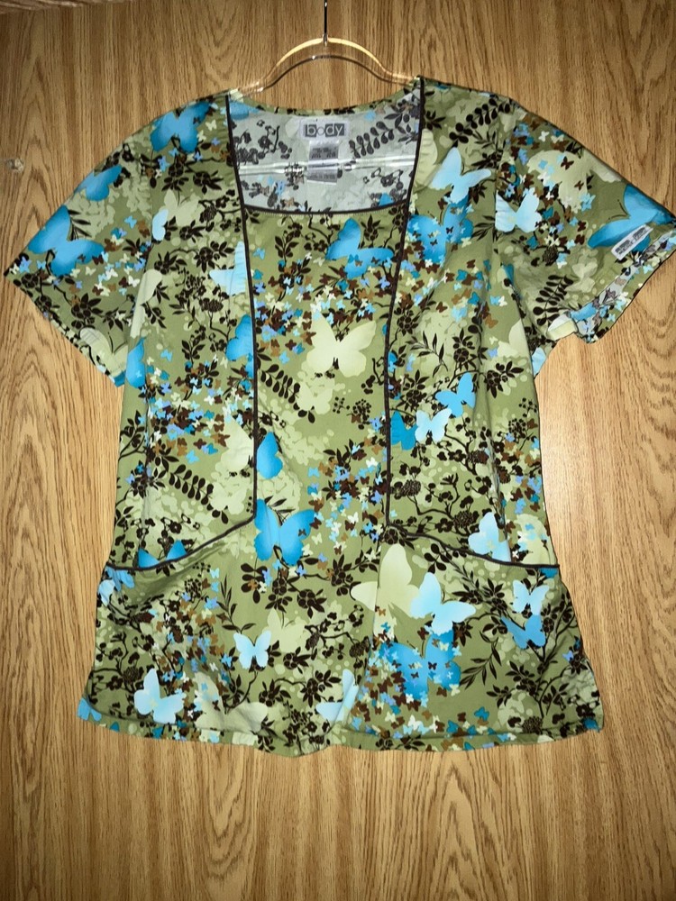 Scrub Top Clinical Dental Vet Fitted Gathering On Back Large Green Blue No Flaws