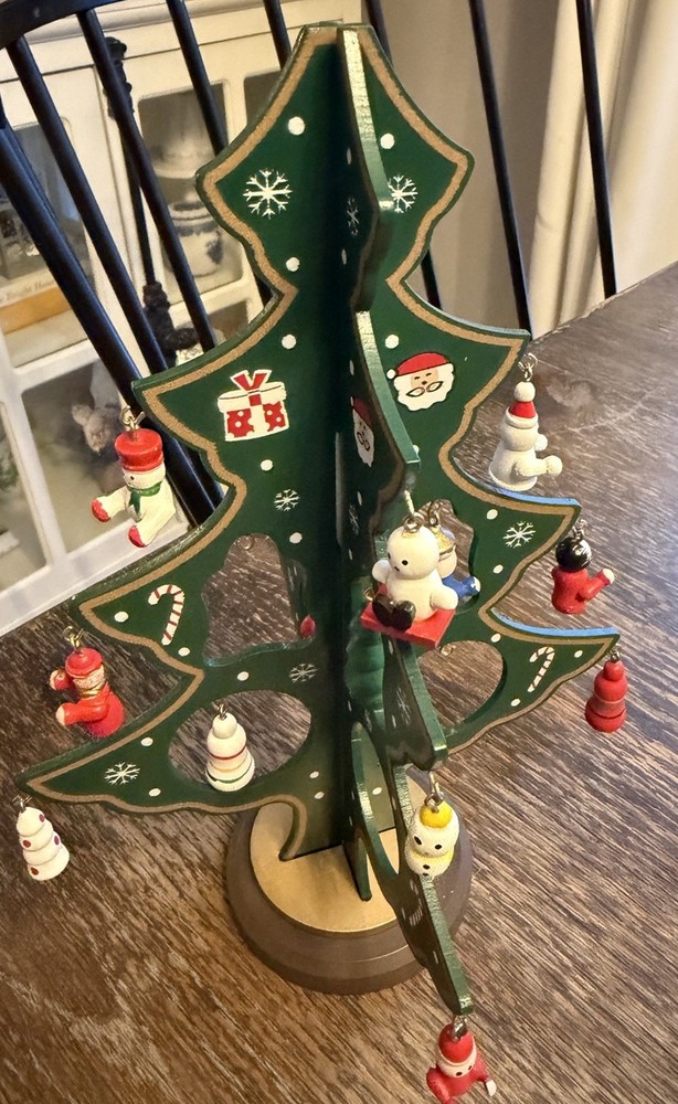 Vintage Miniature Wooden Christmas Tree With Miniature Wood Ornaments Hand Paint