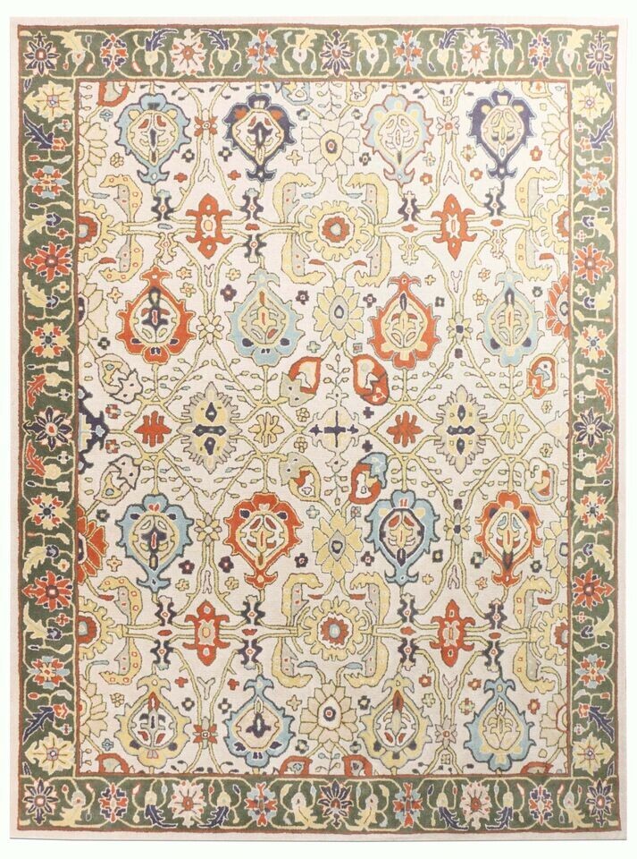 Hand-Knotted Floral Oriental Area Rug 8x10 Ivory Green Blue Red Traditional Wool