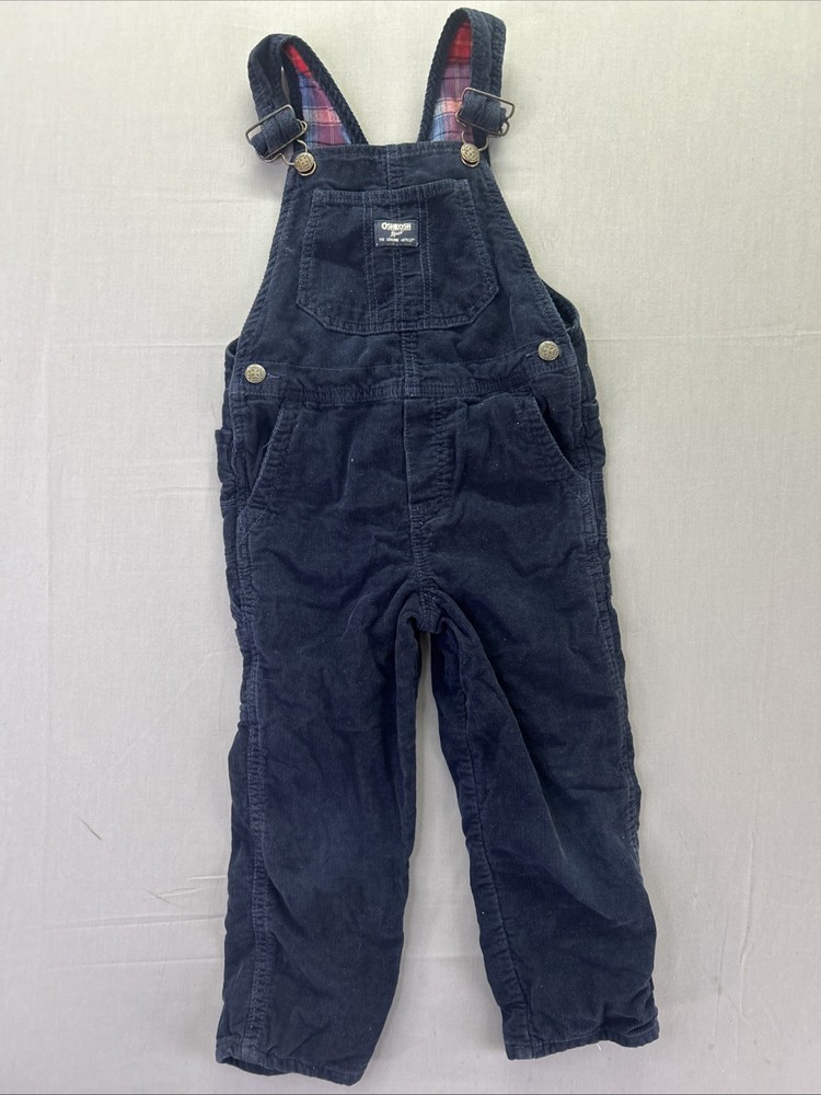 Oshkosh Overalls Bibs Blue Corduroy Vestback Red Plaid Flannel Lined Size 4T