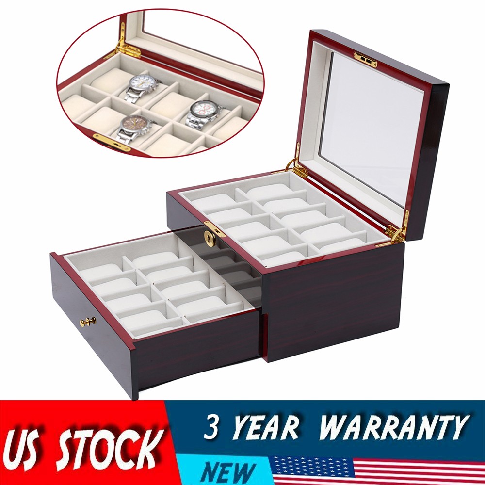 20-Slot Wooden Jewelry Watch Display Case with Drawer Organizer