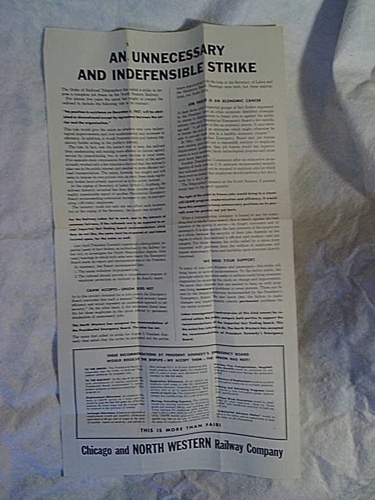 1962 CHICAGO & NORTHWESTERN RAILROAD UNNECESSARY STRIKE FLYER Telegraphers,train