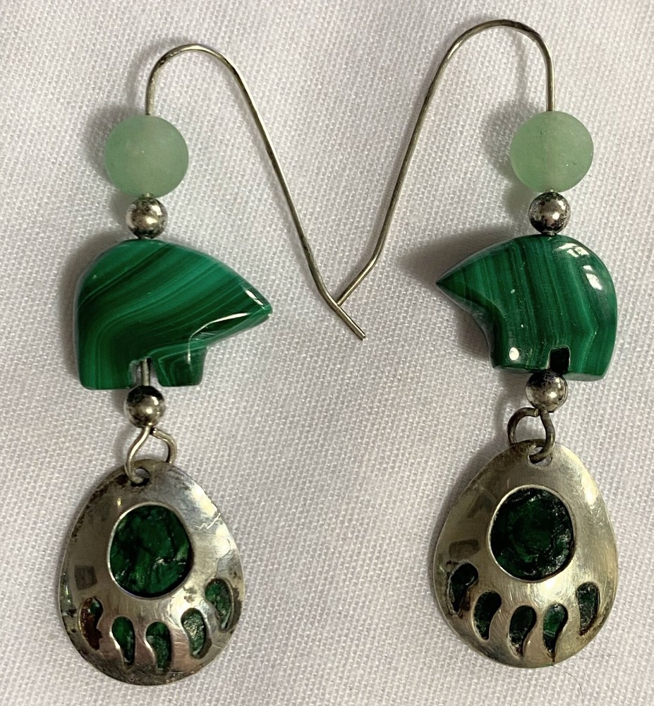 Handmade Sterling Silver 925 Malachite Gemstone BEAR FETISH Drop Dangle Earrings