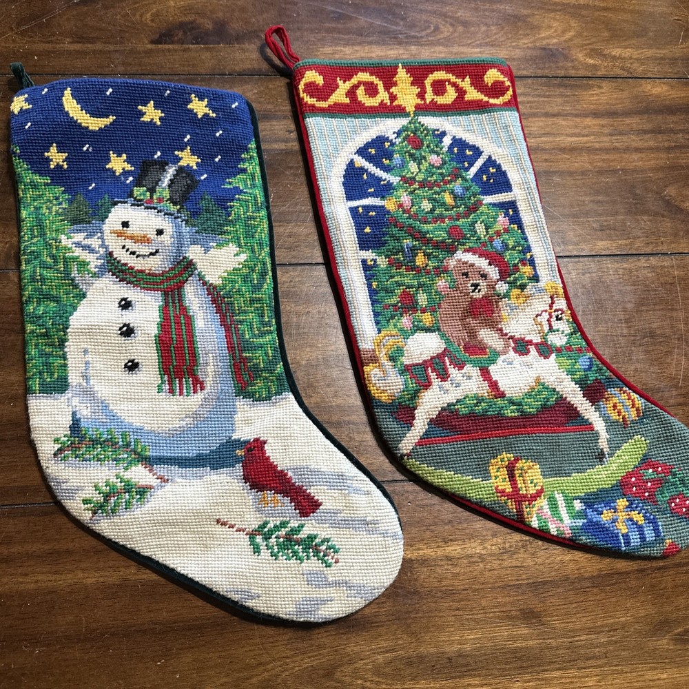 2 VINTAGE CHRISTMAS NEEDLEPOINT STOCKINGS VELVET BACKING Snowman Cardinal Bear