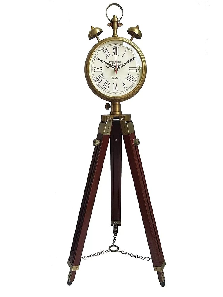 Wooden and Brass Antique Metal Tripod Floor Clock with Stand Two Bell Prop Roman