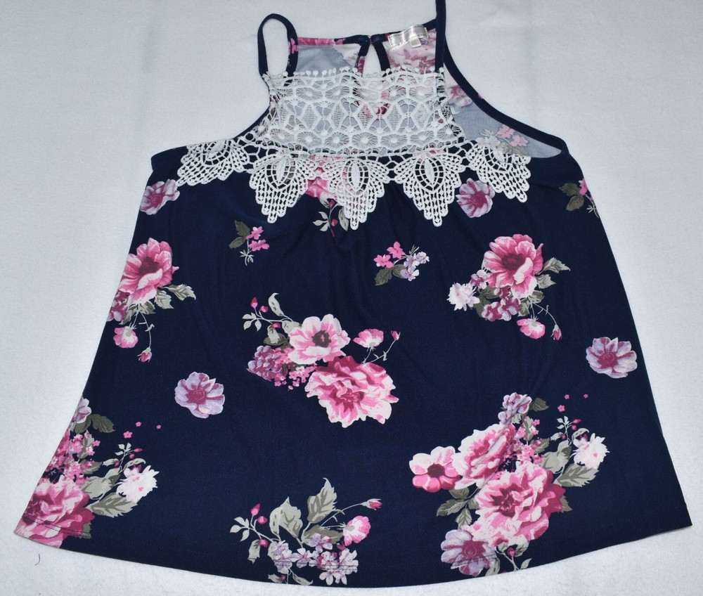 Stella Tweed Top Sz S Floral Print White Lace Crochet Spaghetti Straps