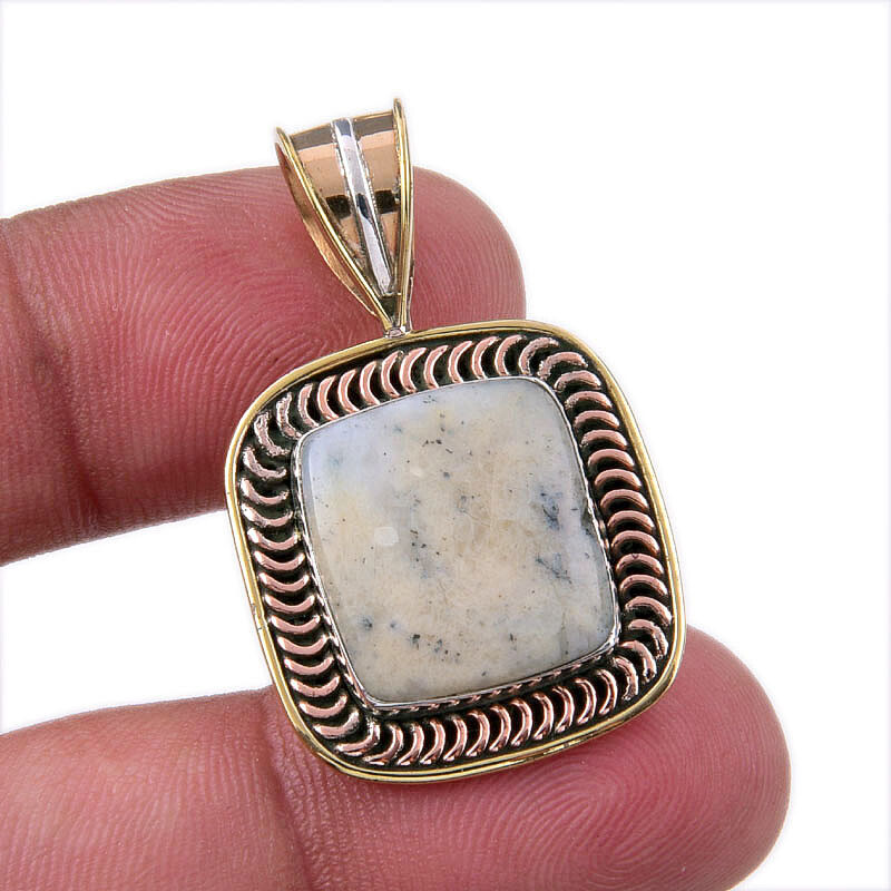 Natural Green Dendrite Opal 925 Sterling Silver Gift TwoTone Pendant 1.50