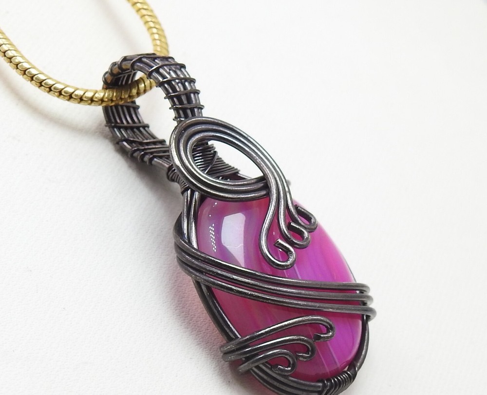Pink Strip Agate Brass Pendant Silver Oxidised Polished Wire Wrapped Jewelry
