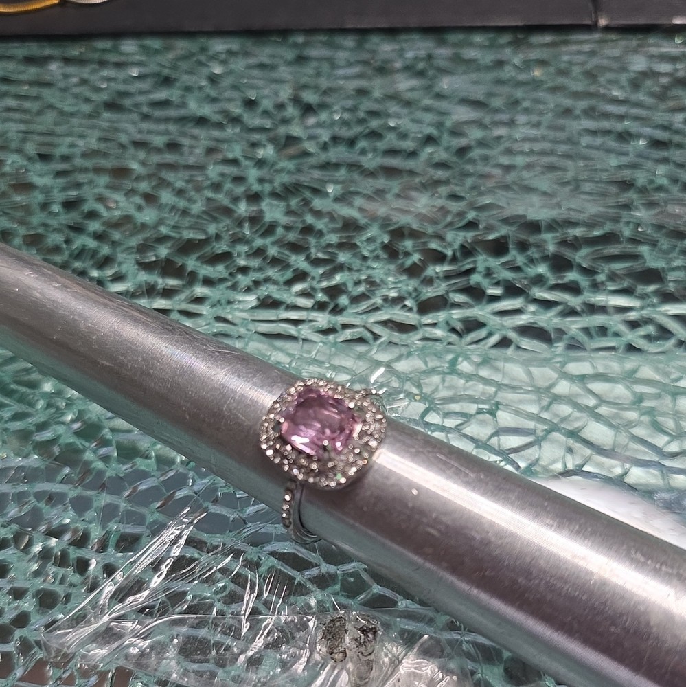 Silver Tone Metal Cocktail Halo Ring Cushion Purple Stone Stackable Size 6