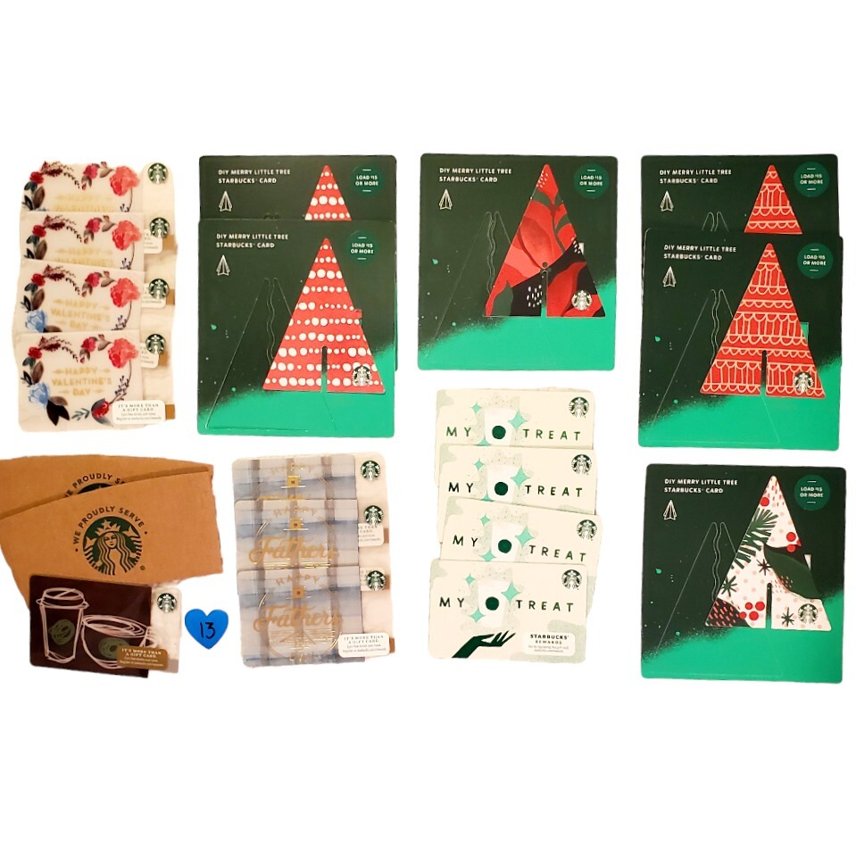 Starbucks Gift Card LOT 13 Die-Cut Merry Tree Set Sleeves Father's Day My Treat-image