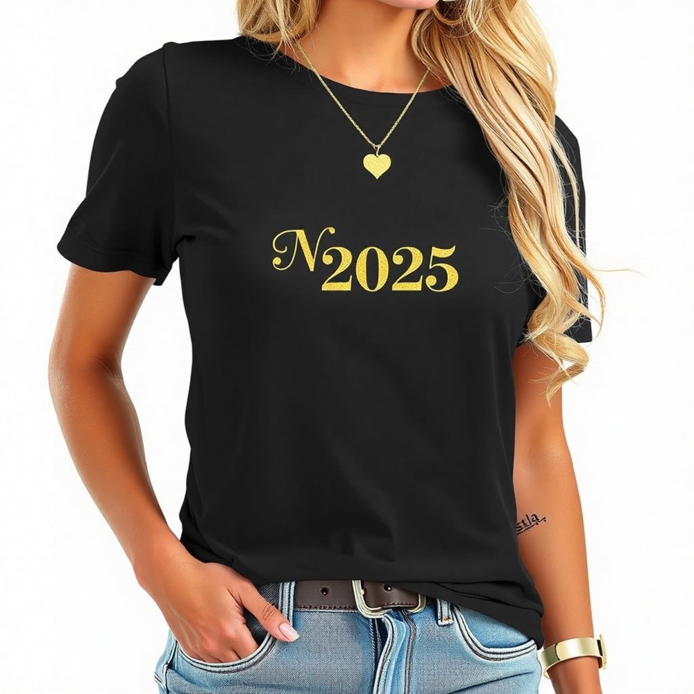 Stylish Black T-Shirt with Glittery 'N2025' Print Perfect Casual Wear