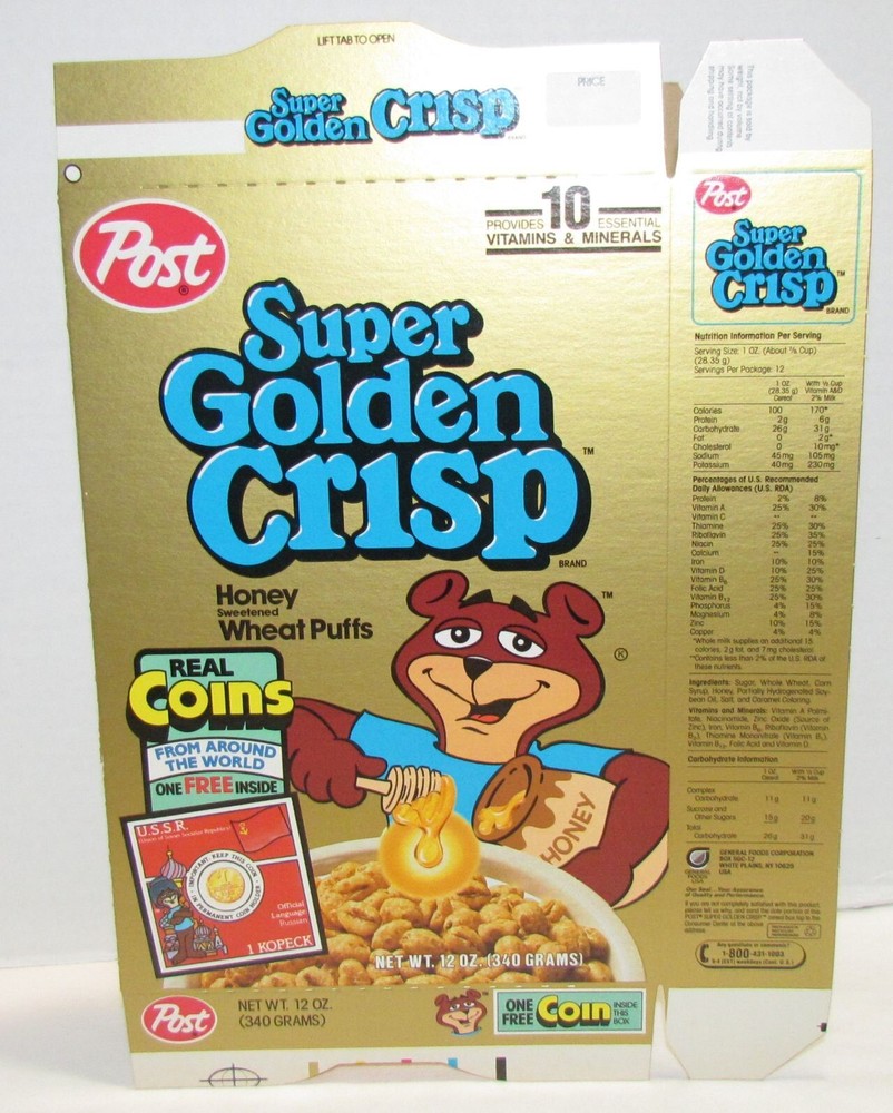 1990 Post Super Golden Crisp Cereal Box , Coins From Around the World, MINT