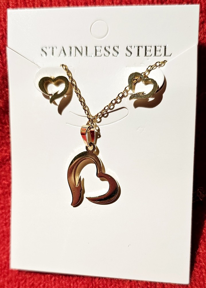 Gold Plated Stainless Steel Heart Pendant Necklace & Earrings Set