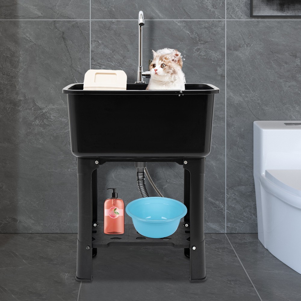 Freestanding Modern Utility Sink with Faucet and Storage Shelf