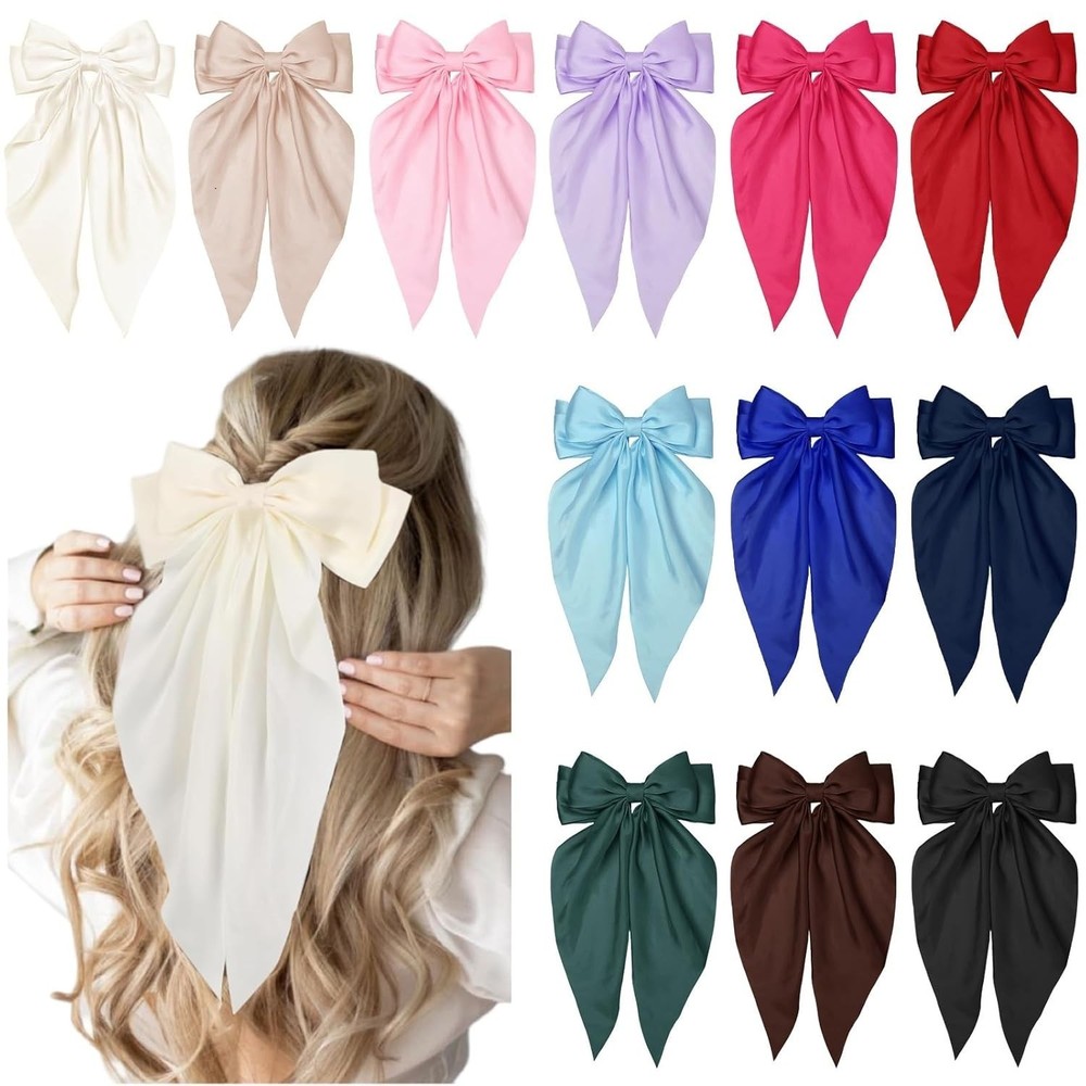 12PCS Hair Bows for Women Big Silky Satin Bow Clips with Long Tails Oversized, C