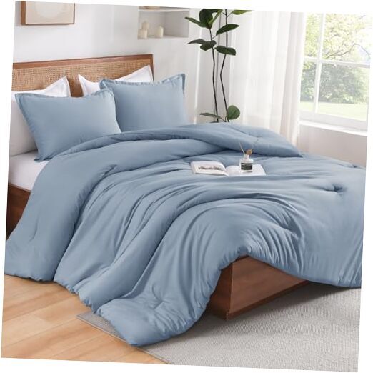 Grayish Blue Comforter Set Queen Size, 3 Pieces Solid Boho Lightweight