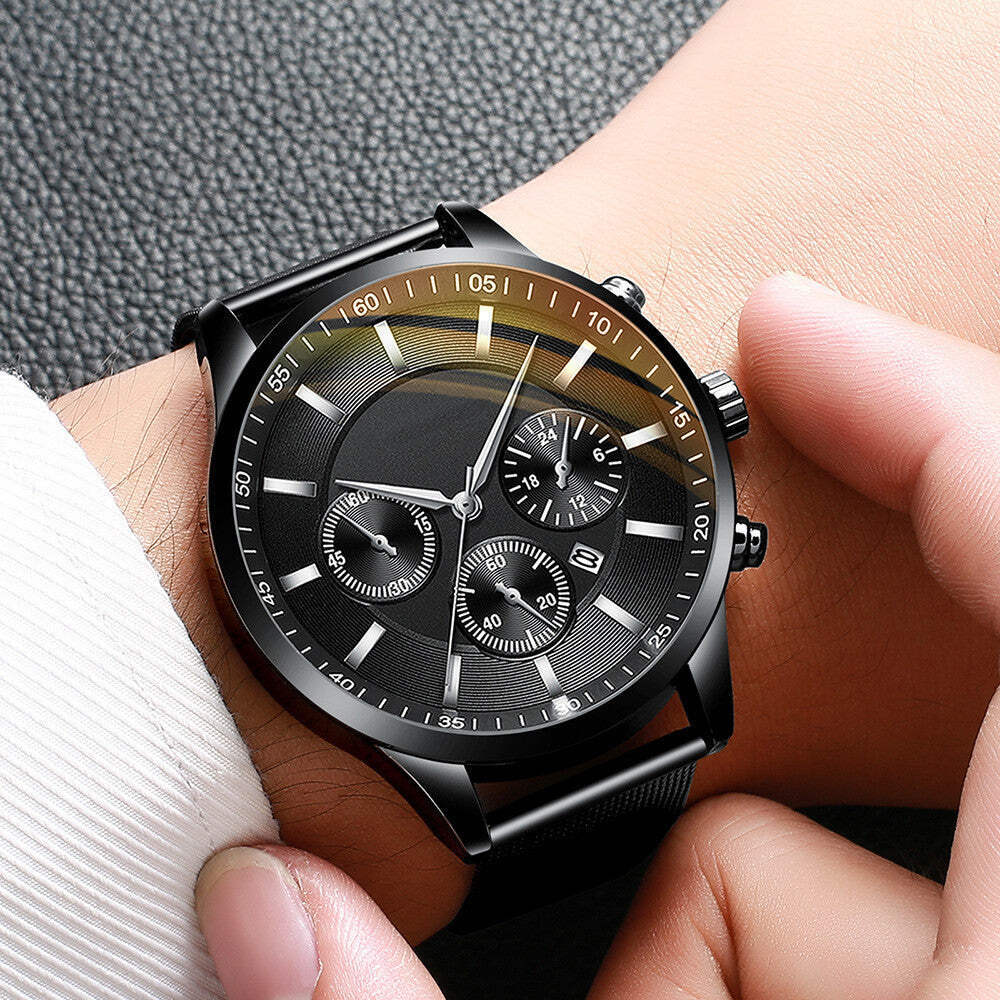 Men's Stylish Waterproof Quartz Watch with Mesh Strap and Calendar Feature