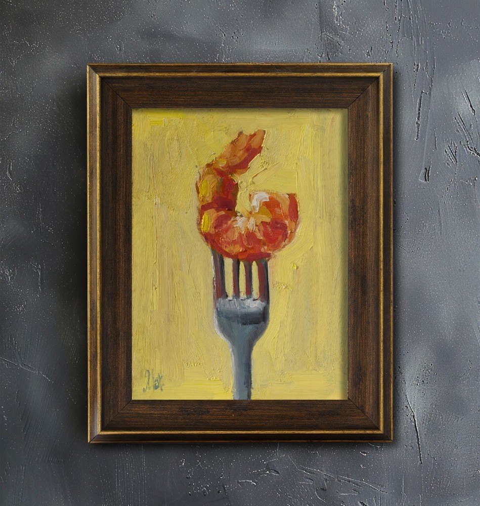 Prawn on Fork Oil Painting Shrimp Original Wall Art Seafood Fish Paintings