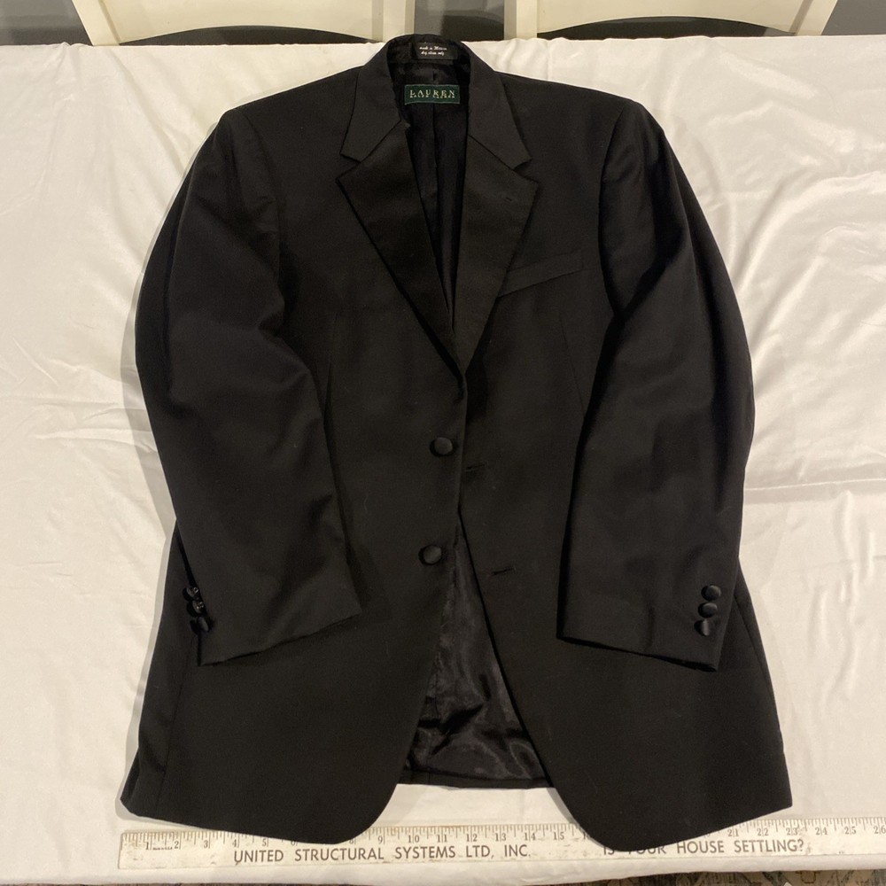 Men's Lauren Ralph Lauren Blazer size 39R Super 120 Wool Satin 2 buttons Black