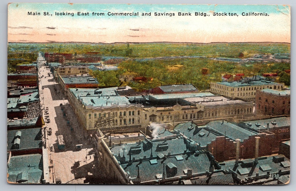 Main St Stockton CA Birdseye From Commercial & Savings Bank C1925 Postcard AA16