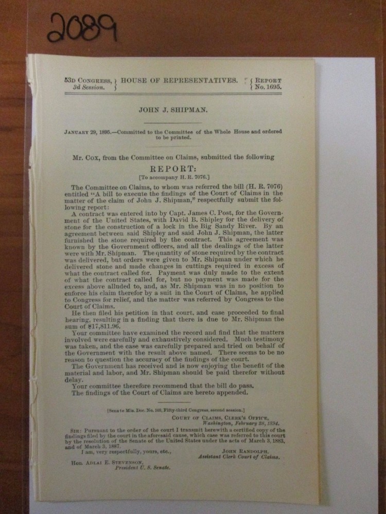 Govt Report 1894 John J. Shipman Stone Contract with the United States  #2089