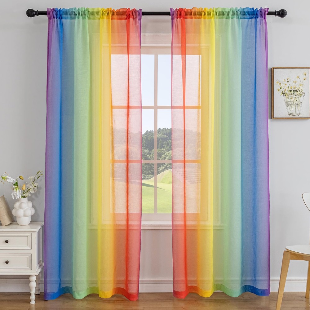 Rainbow Sheer Curtain Panels for Living Room Elegant Window Treatment Sets Li...