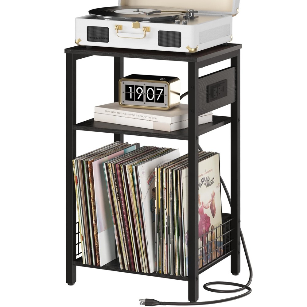 3-Tier Record Player Stand with Charging Station & Storage Side Table