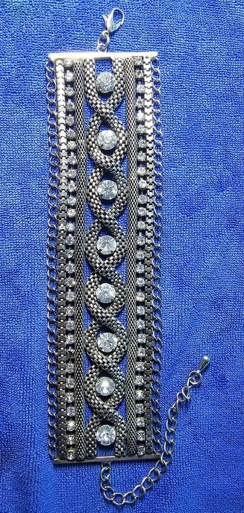 Wide Statement Cuff Bracelet – Silver Tone Rhinestones & Chain Mesh – Glam Punk