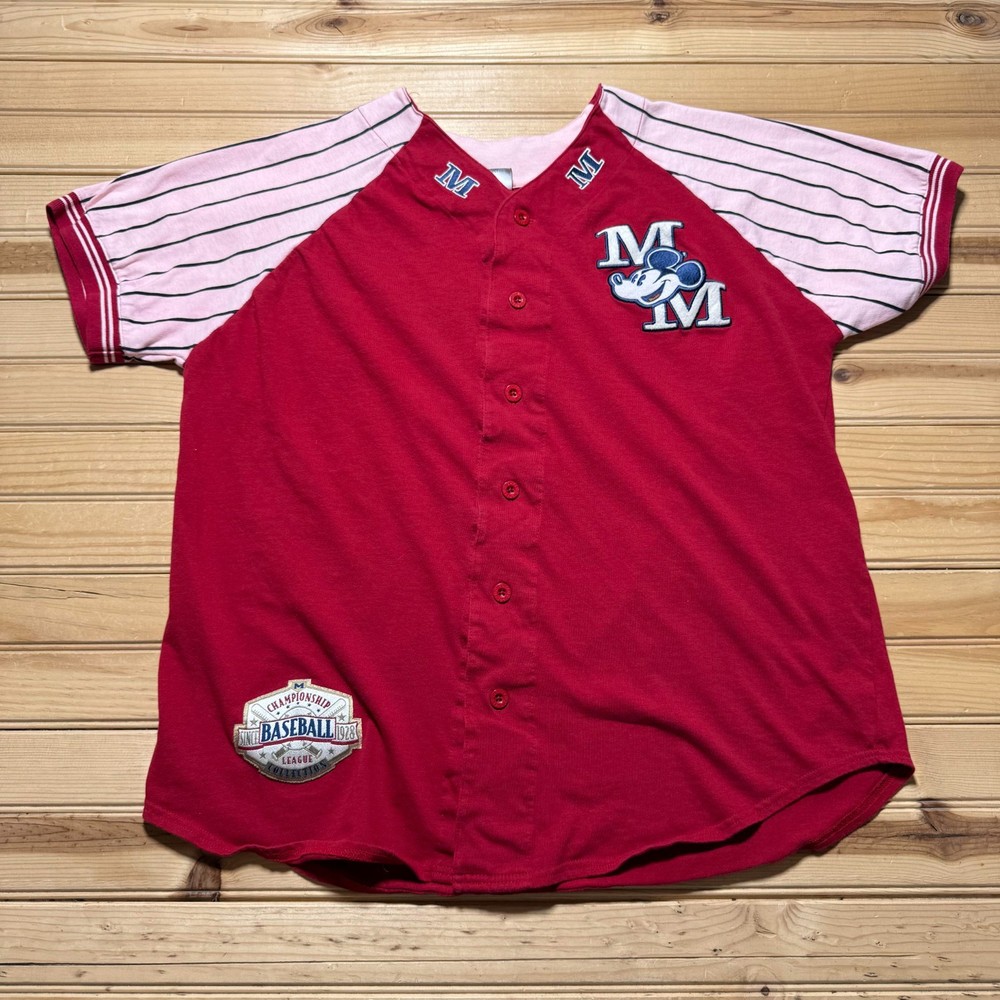 Vintage 90s Mickey Mouse Embroidered Championship Baseball League Jersey Medium