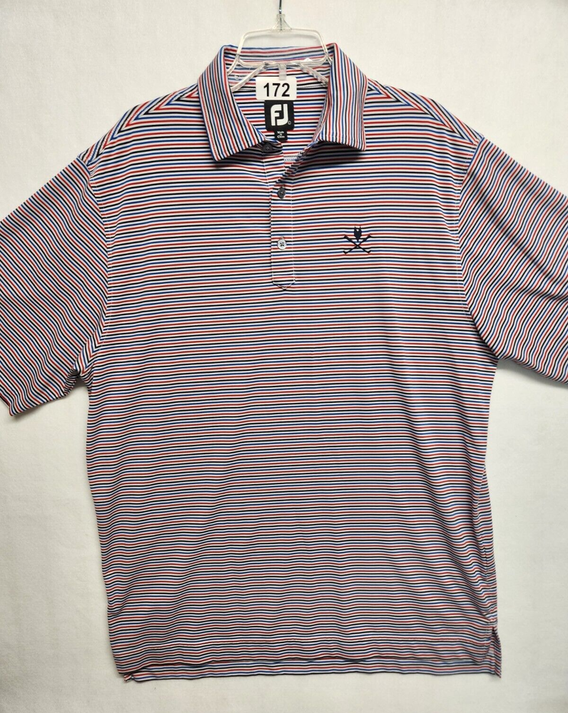 FJ FootJoy Golf Polo Shirt Mens Large Red/Blue Stripes Performance Short Sleeve