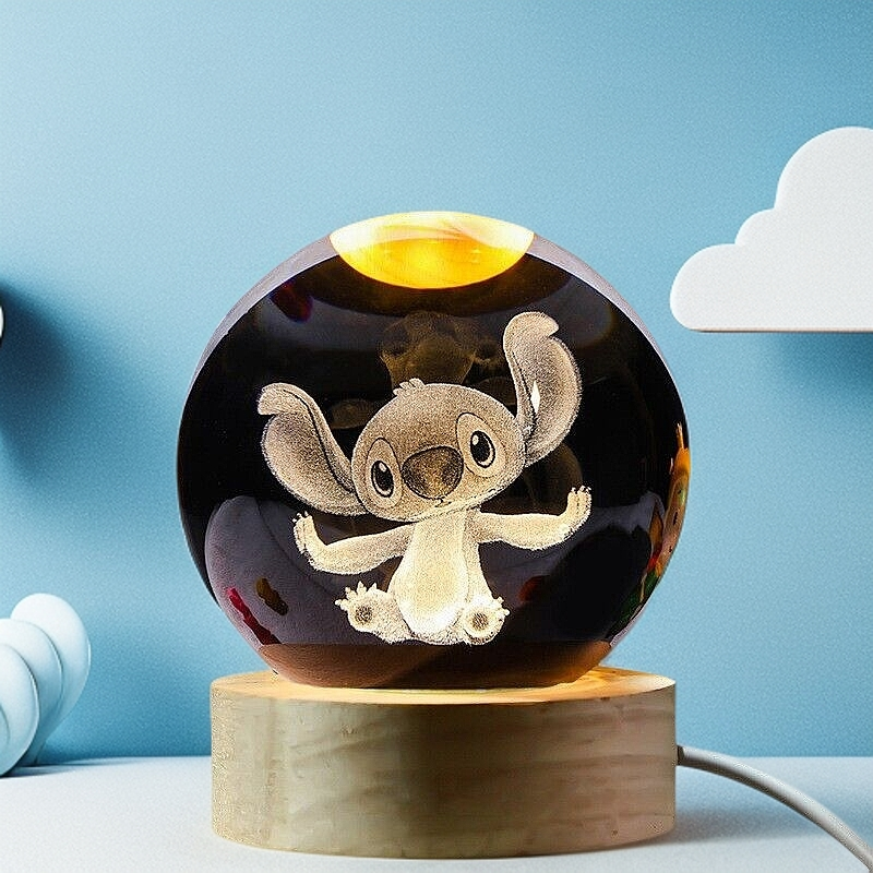 3D Carved Stitch B Crystal Ball Night Light with Wooden Base - Kids Gift Healing Decor