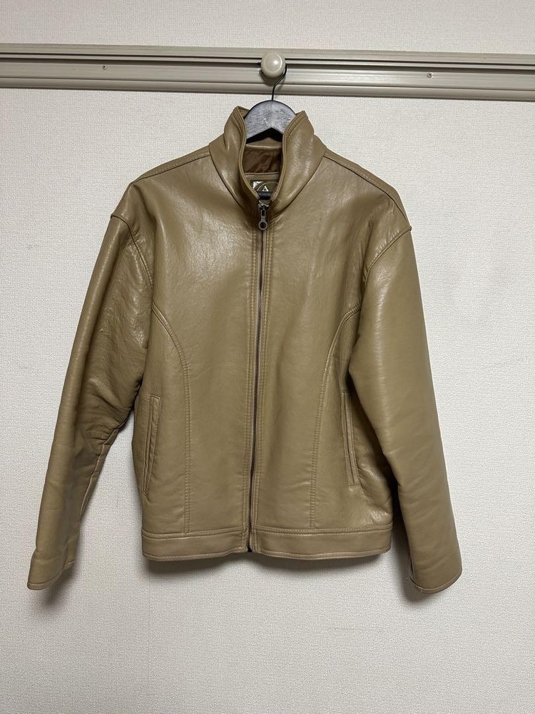 ARMANI COLLEZIONI Beige Leather Jacket with Stand-Up Collar for Men Imported from Japan