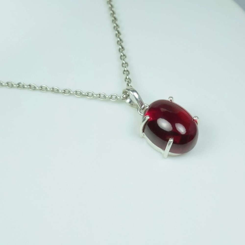 Natural Cabochon Red Ruby Gemstone Pendant Sterling Silver Jewelry with Chain