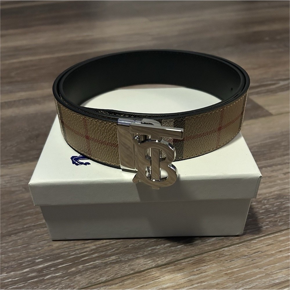 Burberry Men's Adjustable Dress Belt Check Pattern Silver Buckle Beige Black