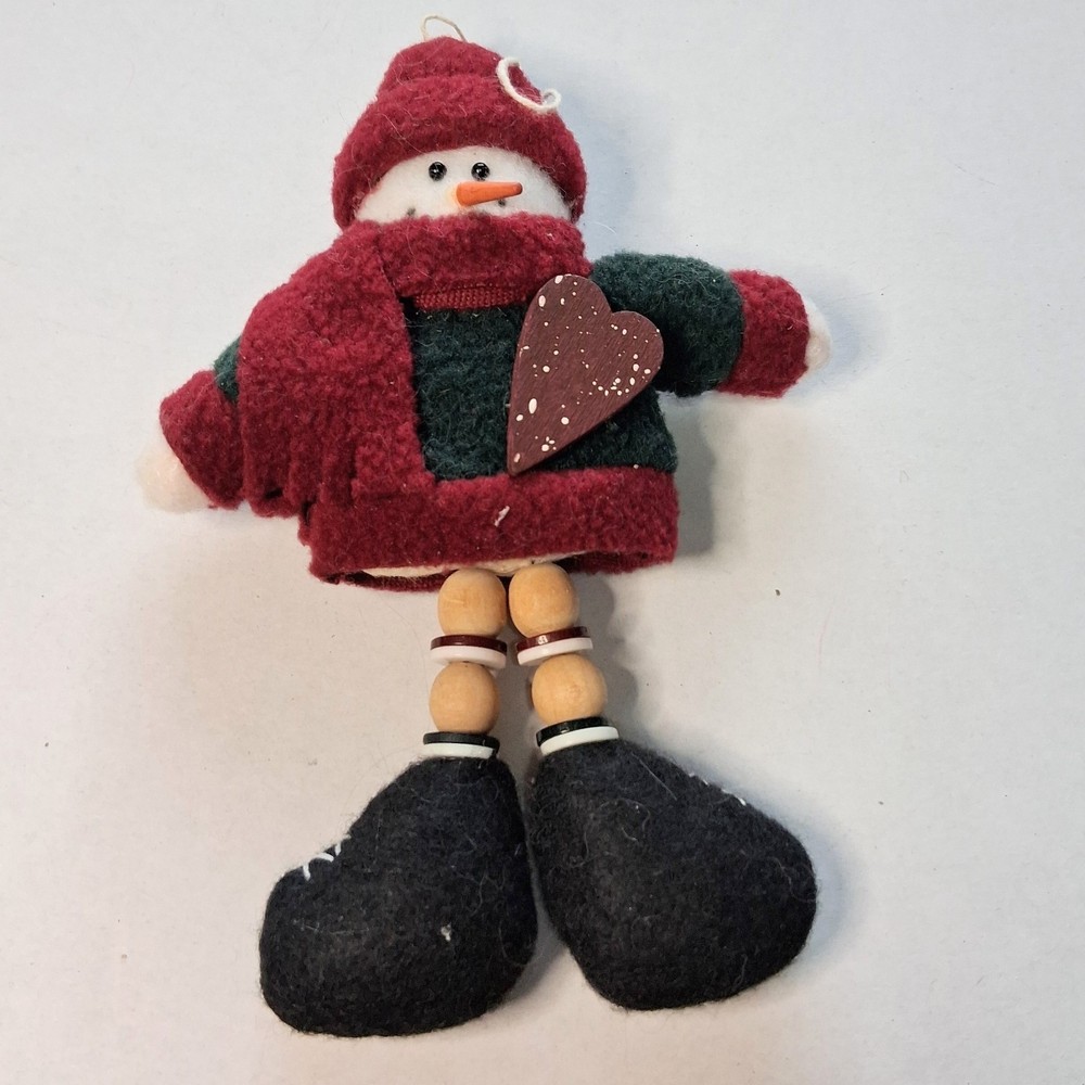 Rustic Plush Snowman Christmas Ornament Dangling Wooden Legs