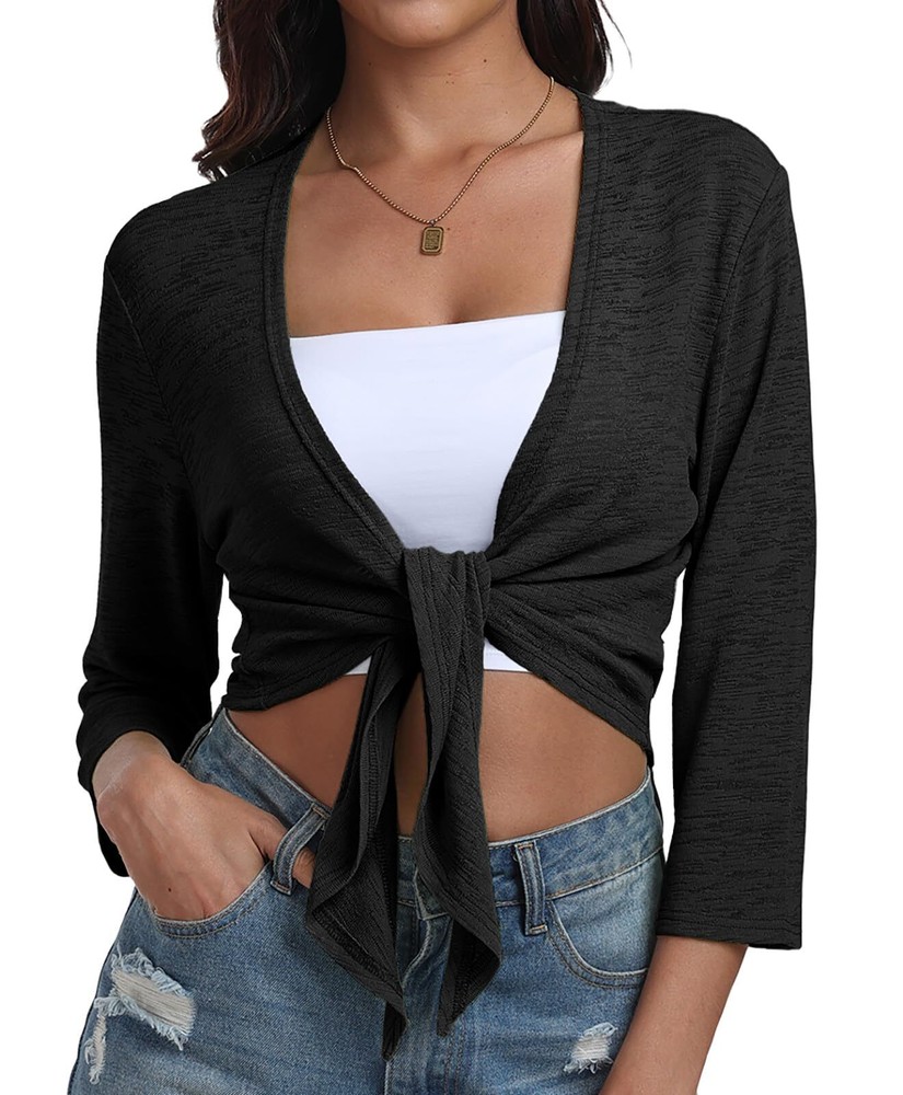 Women's Tie Front Shrug 3/4 Sleeve Bolero Cardigan Lightweight Summer Casual