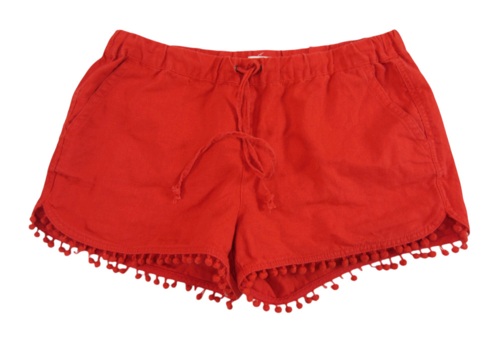 J CREW Red Linen Cotton PULL-ON SHORTS Drawstring Elastic POM POM HEM TRIM sz S