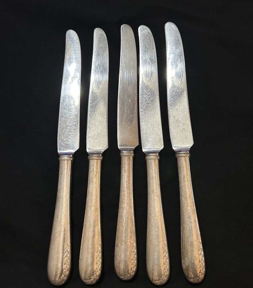 Lot Of 5 Wallace Ultra Dinner Knives 9.5” Wheat Silver Plate 1934 Farmhouse
