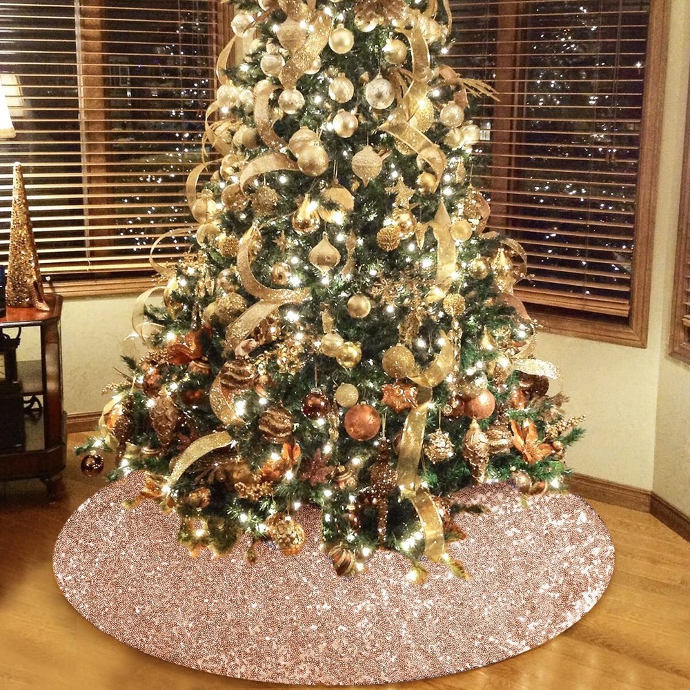 Rose Gold Christmas Tree Skirt, 48 Inch Sequin Glitter Rose Gold Pink Tree Ma...