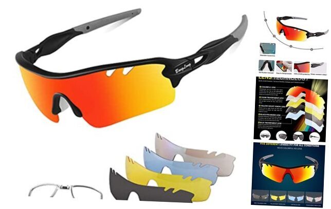 Polarized Sports Sunglasses Cycling Sun Glasses for Men Women with 5 Black Gray