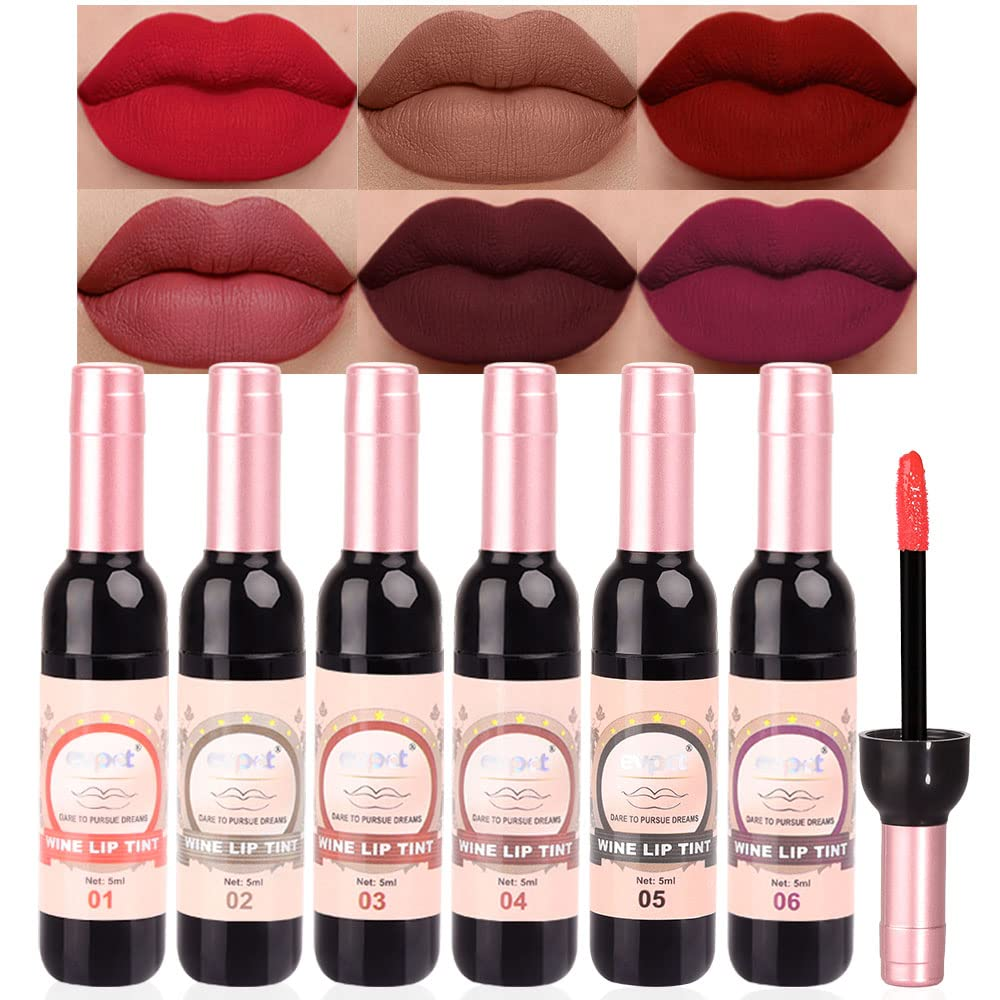 6Pcs Wine Bottle Lip Tint Stain Set Long Lasting Lipstick 24 Hour Waterproof for