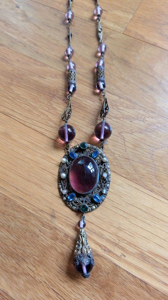 VTG Necklace Brass Tone Victorian Purple Glass Various Rhinestones Pearl RS29