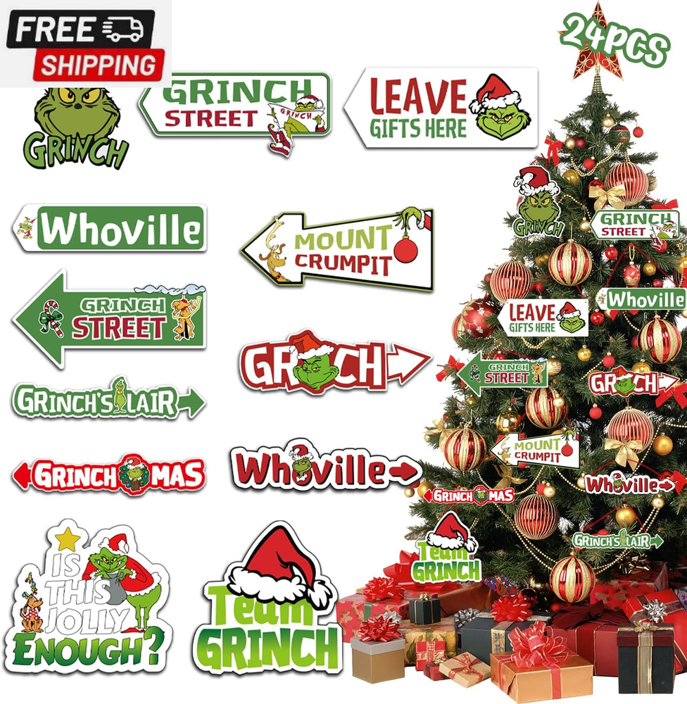 Griinchs Christmas Decorations - 24 PCS Double Sided Christmas Tree Decor Paper