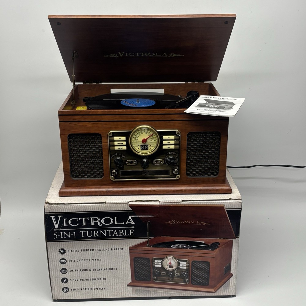 Victrola 5-In-1 Turntable Nostalgic CD, Record, Cassette Player, AM/FM RADIO AUX