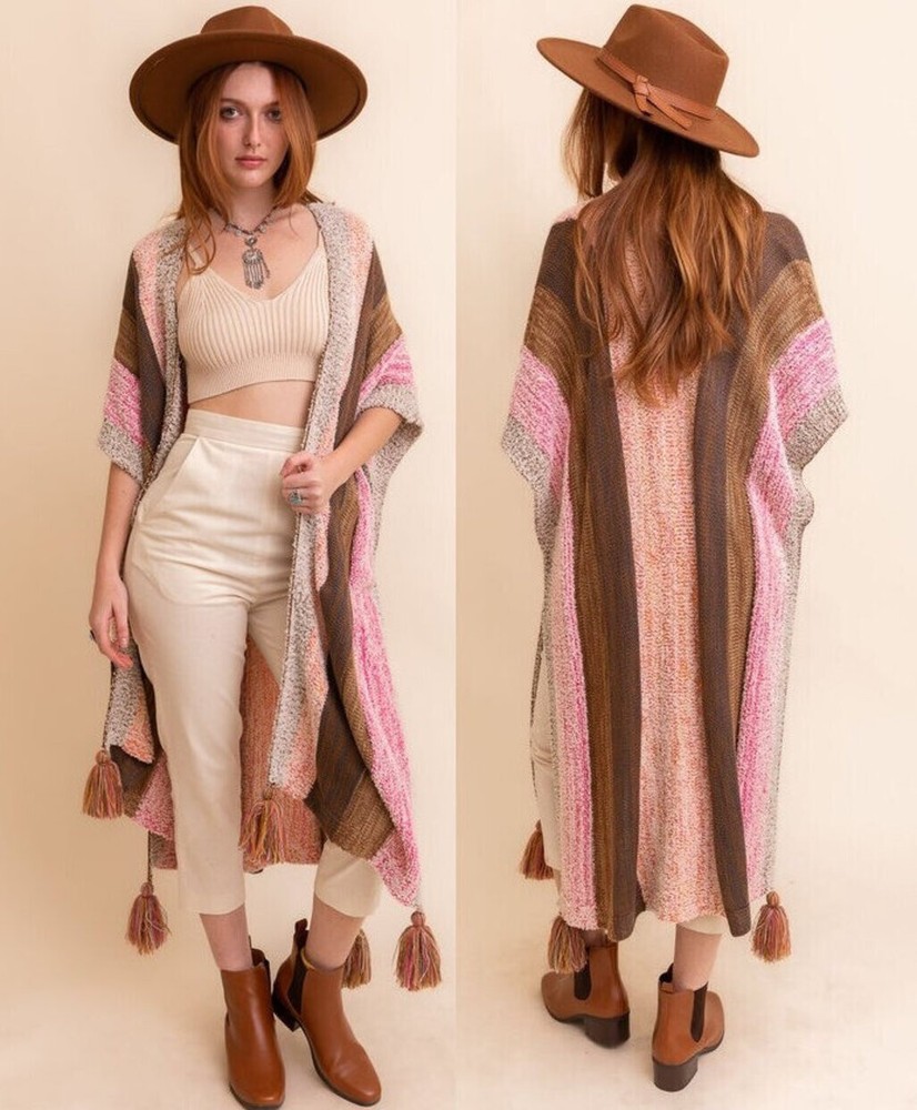 Bohemian Gypsy Chunky Crochet Knit Tassel Ruana Wrap Sweater Cardigan Poncho S